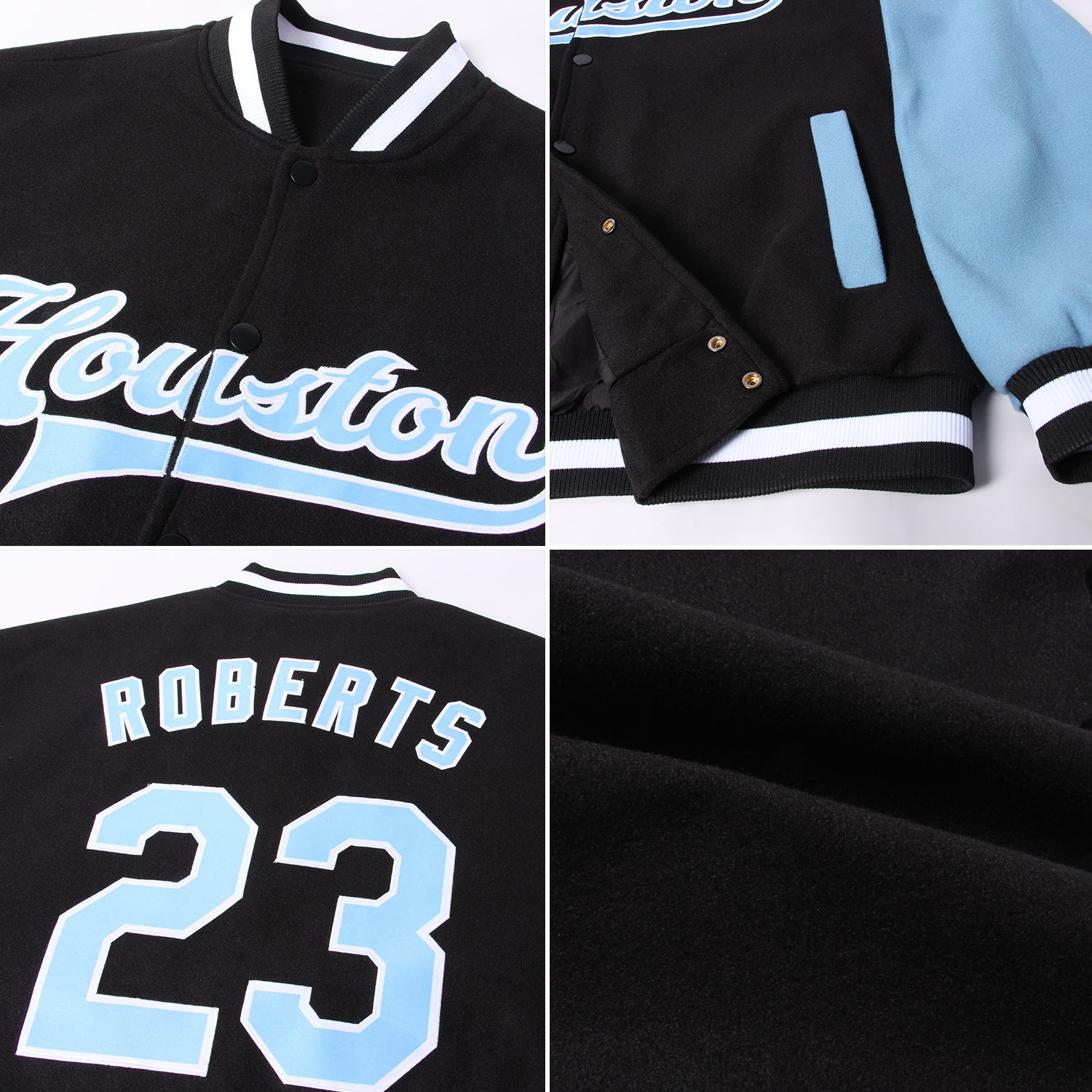 Custom Black Light Blue-White Bomber Full-Snap Varsity Letterman Two Tone Jacket