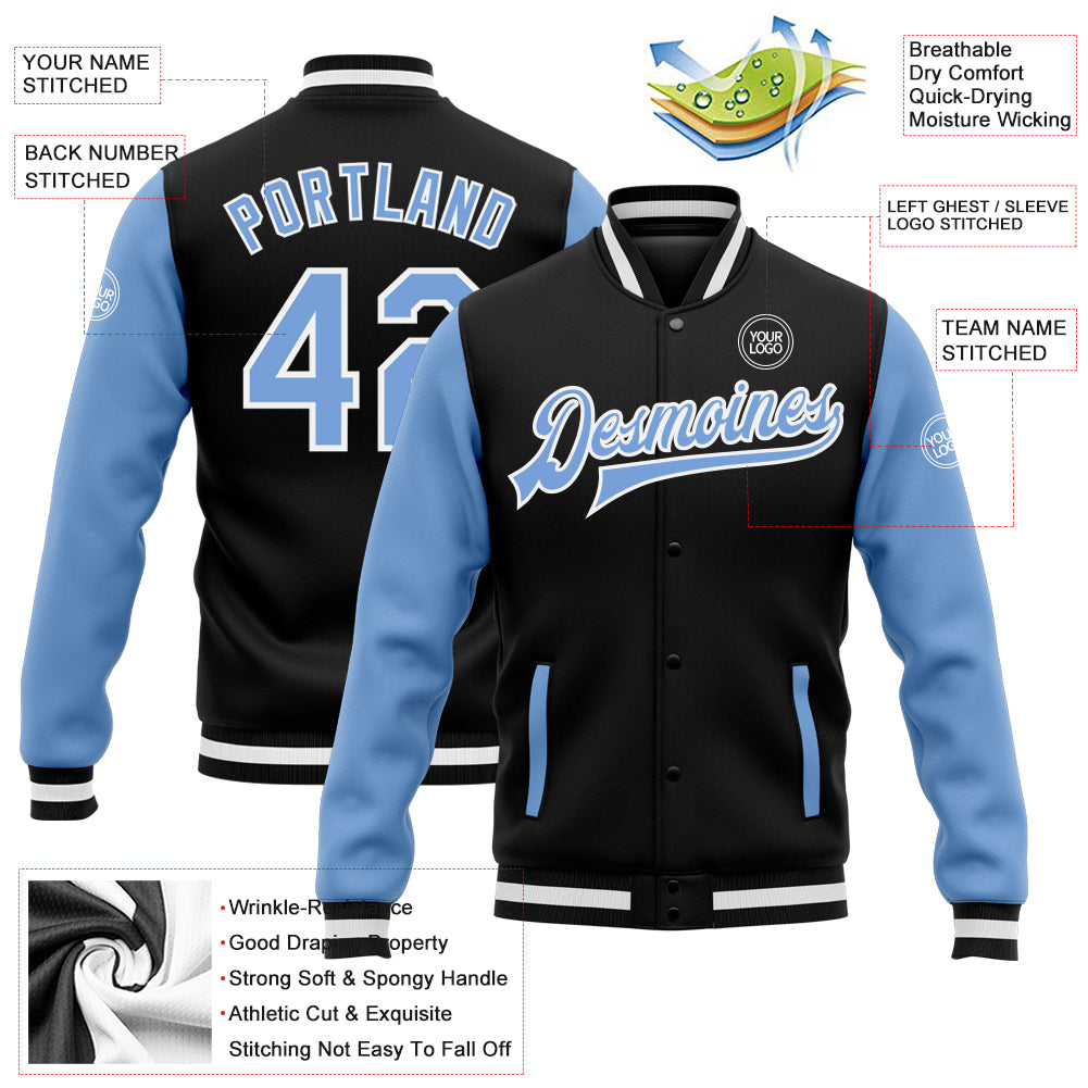 Custom Black Light Blue-White Bomber Full-Snap Varsity Letterman Two Tone Jacket