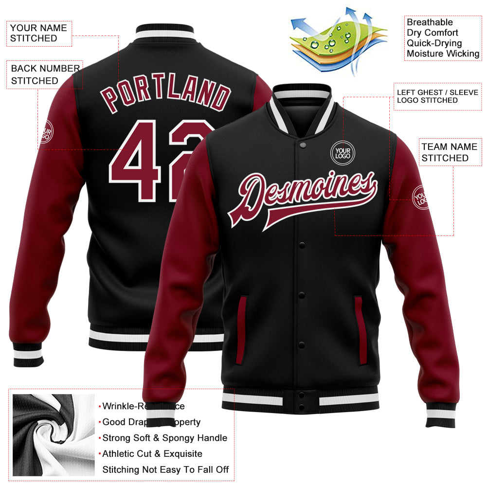 Custom Black Crimson-White Bomber Full-Snap Varsity Letterman Two Tone Jacket