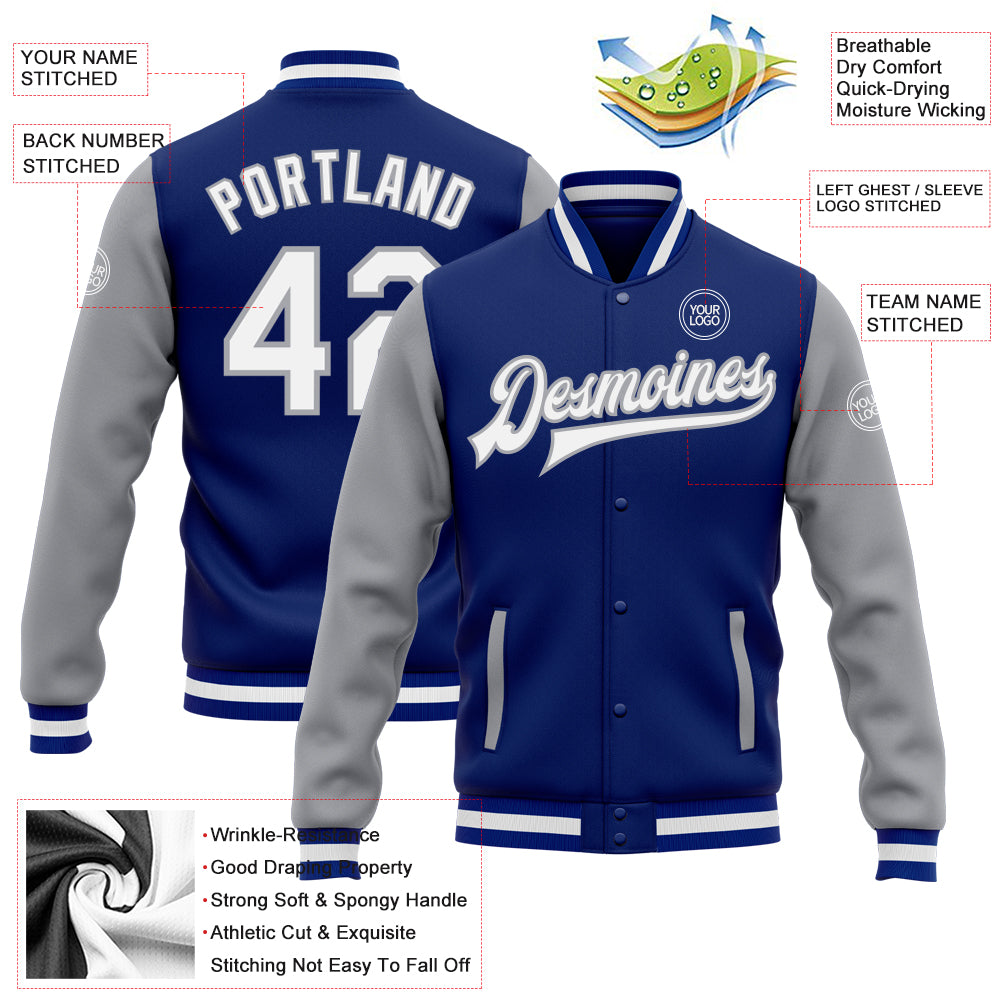 Custom Royal White-Gray Bomber Full-Snap Varsity Letterman Two Tone Jacket