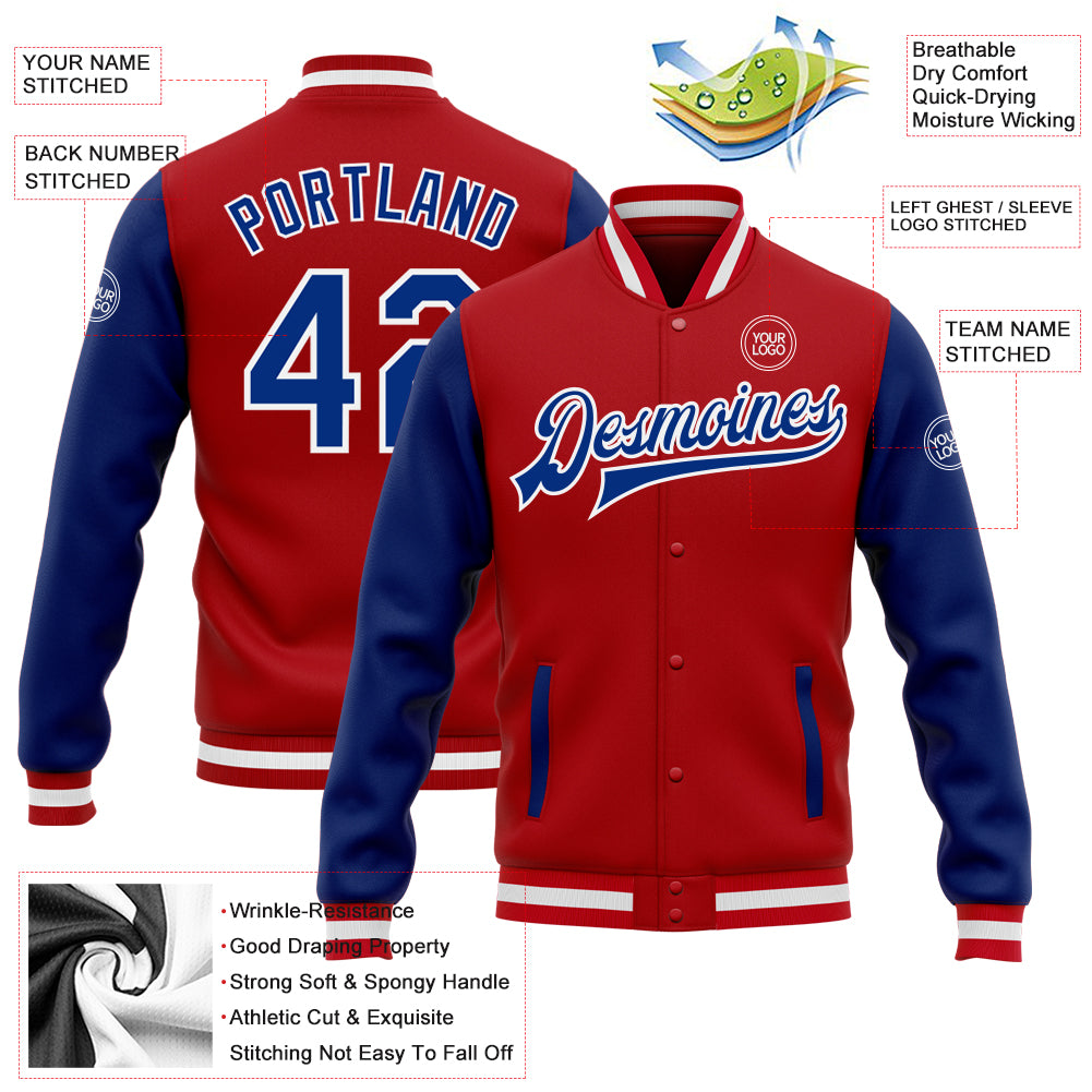 Custom Red Royal-White Bomber Full-Snap Varsity Letterman Two Tone Jacket