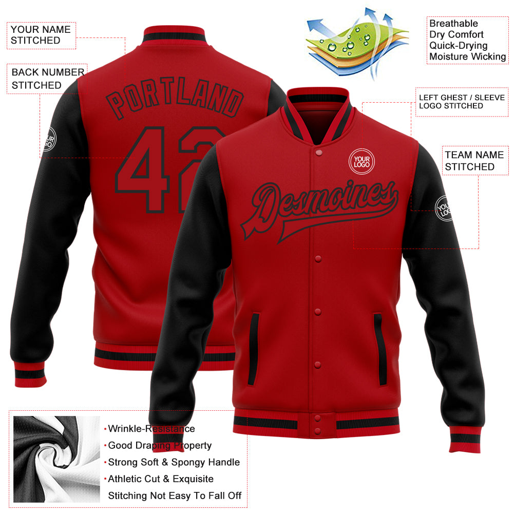 Custom Red Red-Black Bomber Full-Snap Varsity Letterman Two Tone Jacket