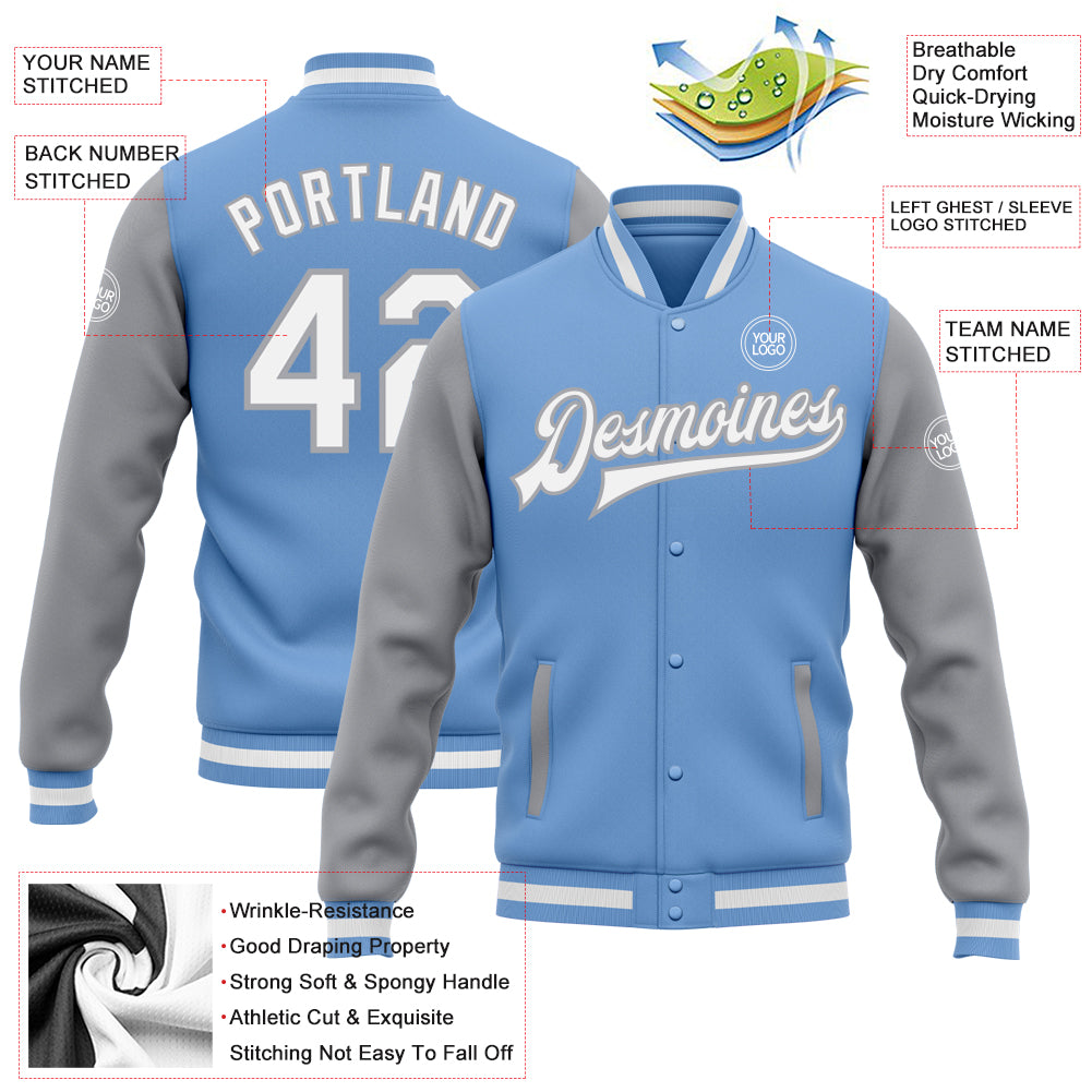 Custom Light Blue White-Gray Bomber Full-Snap Varsity Letterman Two Tone Jacket