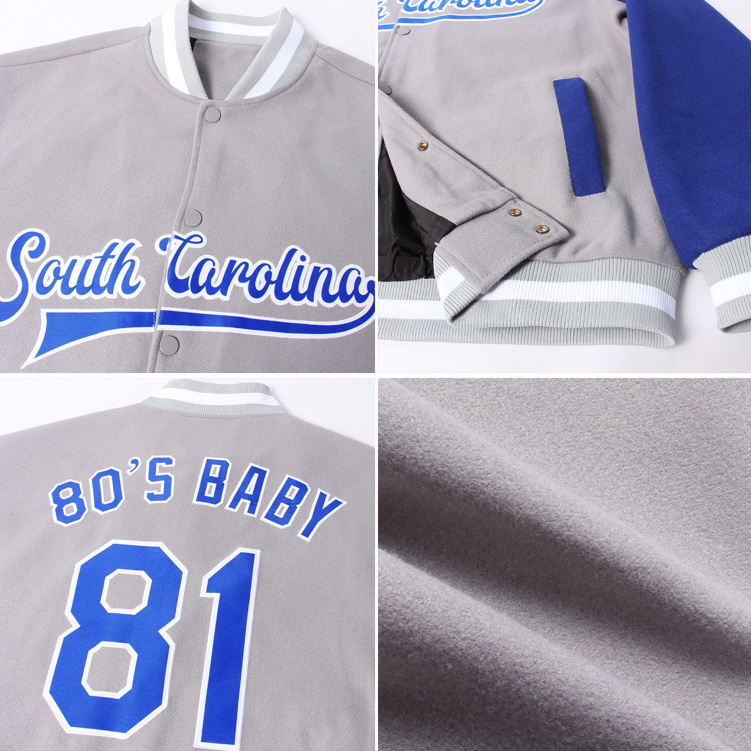 Custom Gray Royal-White Bomber Full-Snap Varsity Letterman Two Tone Jacket