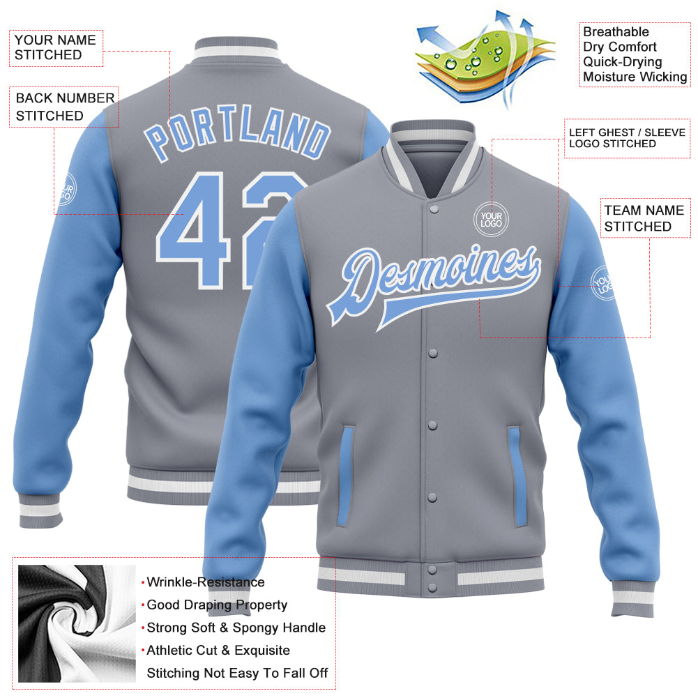 Custom Gray Light Blue-White Bomber Full-Snap Varsity Letterman Two Tone Jacket