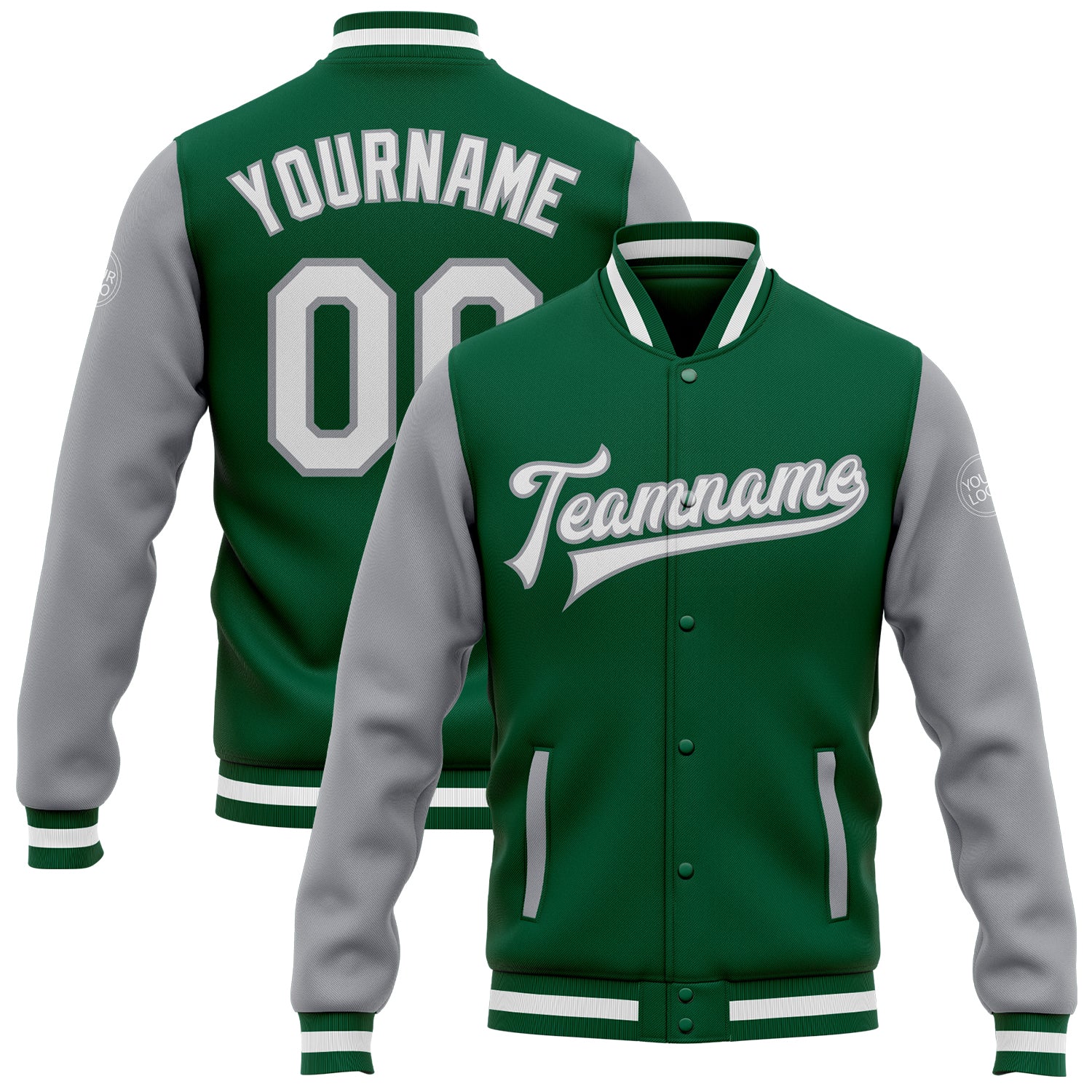 Custom Kelly Green White-Gray Bomber Full-Snap Varsity Letterman Two Tone Jacket