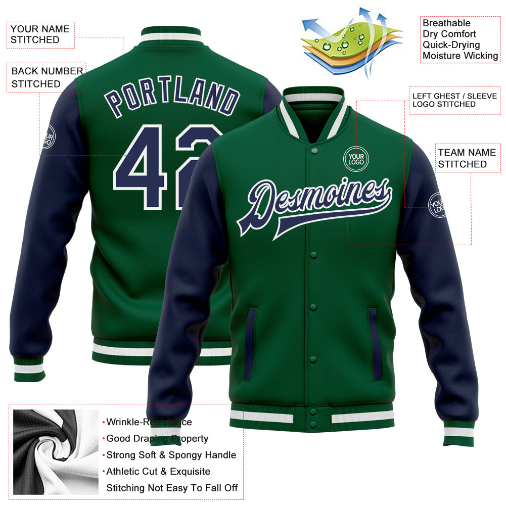 Custom Kelly Green Navy-White Bomber Full-Snap Varsity Letterman Two Tone Jacket