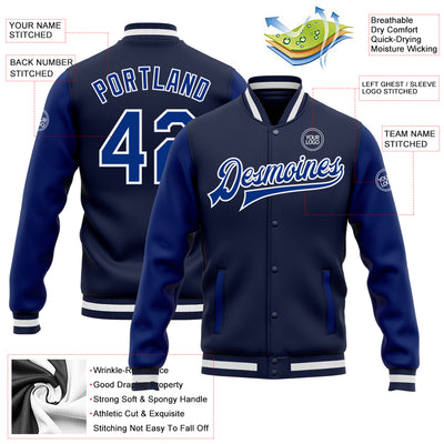 Custom Navy Royal-White Bomber Full-Snap Varsity Letterman Two Tone Jacket