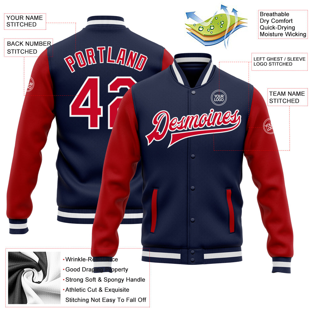 Custom Navy Red-White Bomber Full-Snap Varsity Letterman Two Tone Jacket