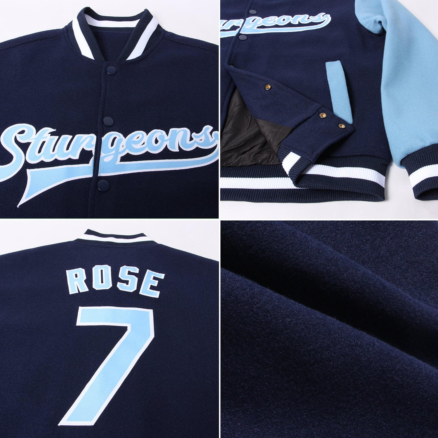 Custom Navy Light Blue-White Bomber Full-Snap Varsity Letterman Two Tone Jacket