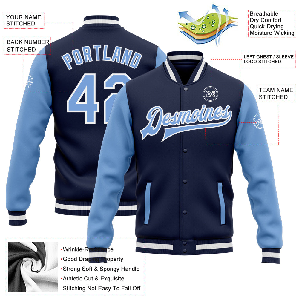 Custom Navy Light Blue-White Bomber Full-Snap Varsity Letterman Two Tone Jacket