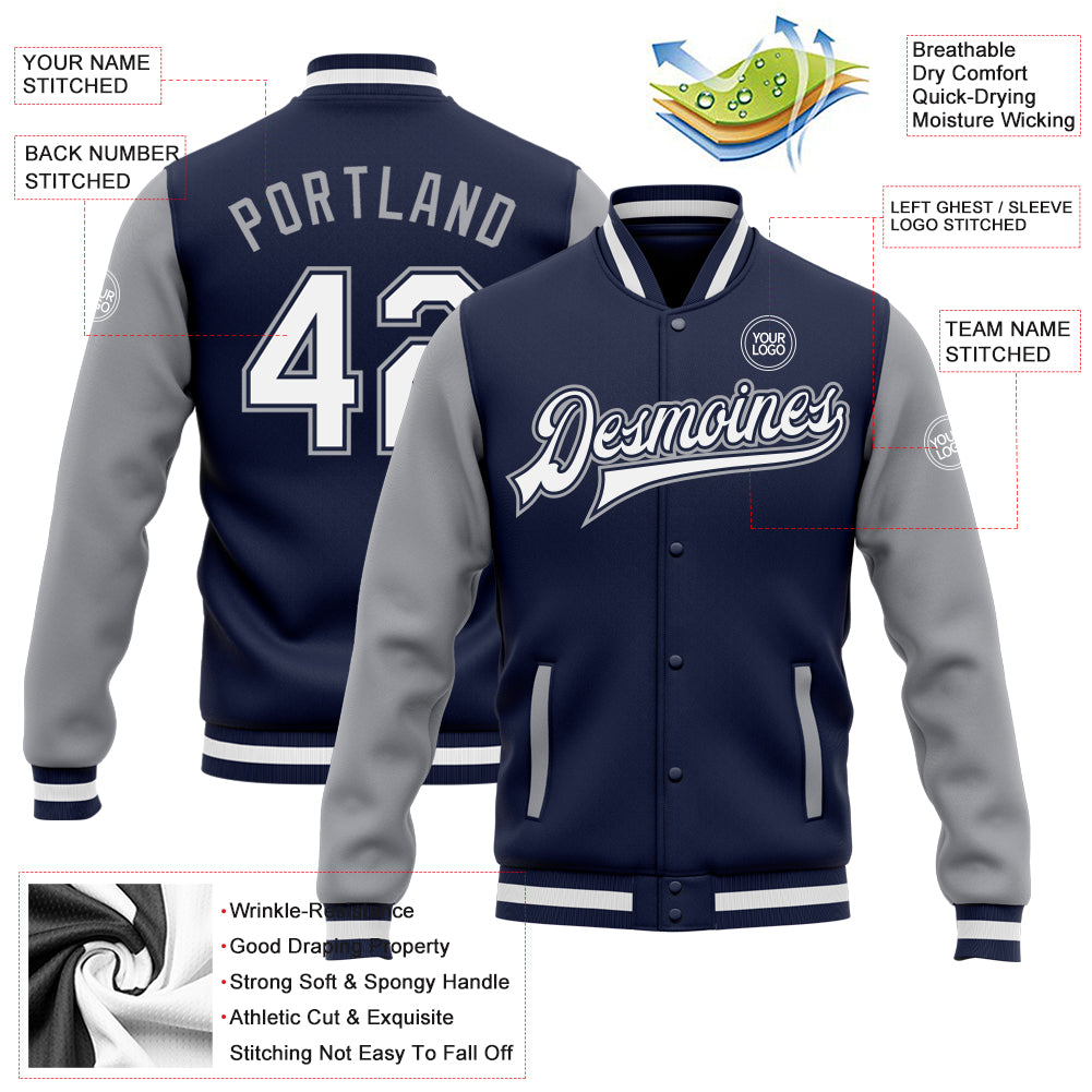 Custom Navy White-Gray Bomber Full-Snap Varsity Letterman Two Tone Jacket