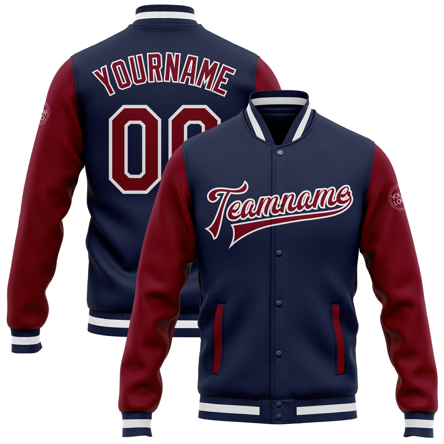 Custom Navy Crimson-White Bomber Full-Snap Varsity Letterman Two Tone Jacket