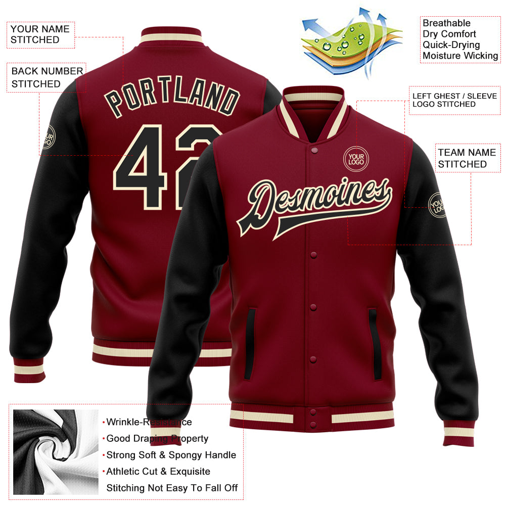 Custom Crimson Black-Cream Bomber Full-Snap Varsity Letterman Two Tone Jacket