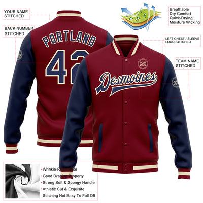 Custom Crimson Navy-Cream Bomber Full-Snap Varsity Letterman Two Tone Jacket