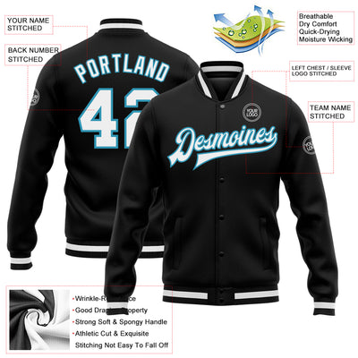 Custom Black White-Panther Blue Bomber Full-Snap Varsity Letterman Jacket