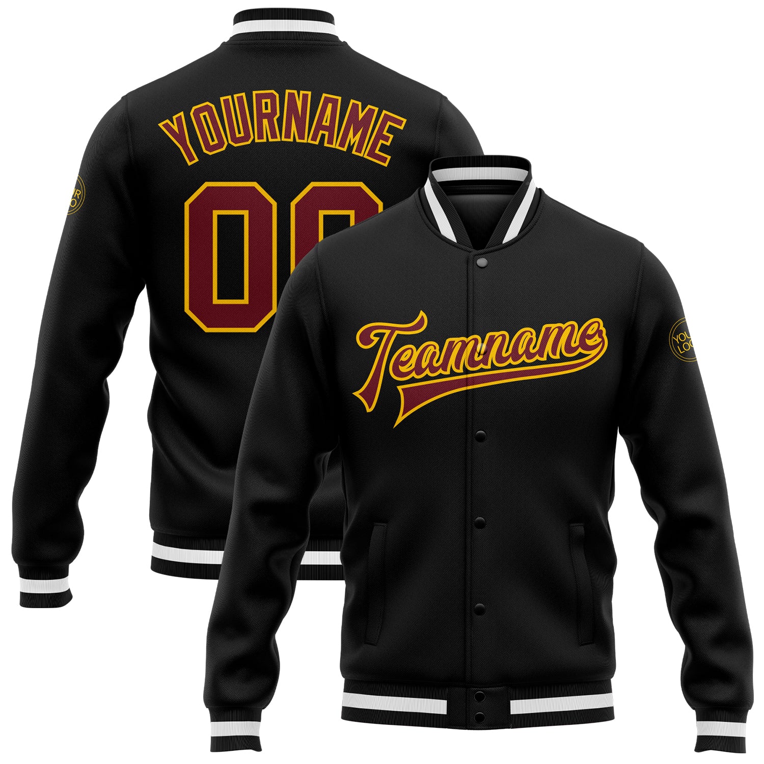 Custom Black Burgundy-Gold Bomber Full-Snap Varsity Letterman Jacket