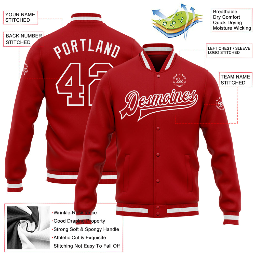 Custom Red Red-White Bomber Full-Snap Varsity Letterman Jacket