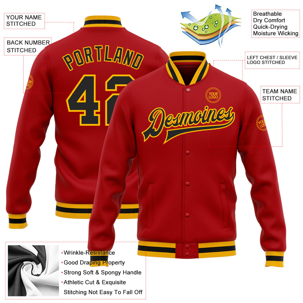 Custom Red Black-Gold Bomber Full-Snap Varsity Letterman Jacket