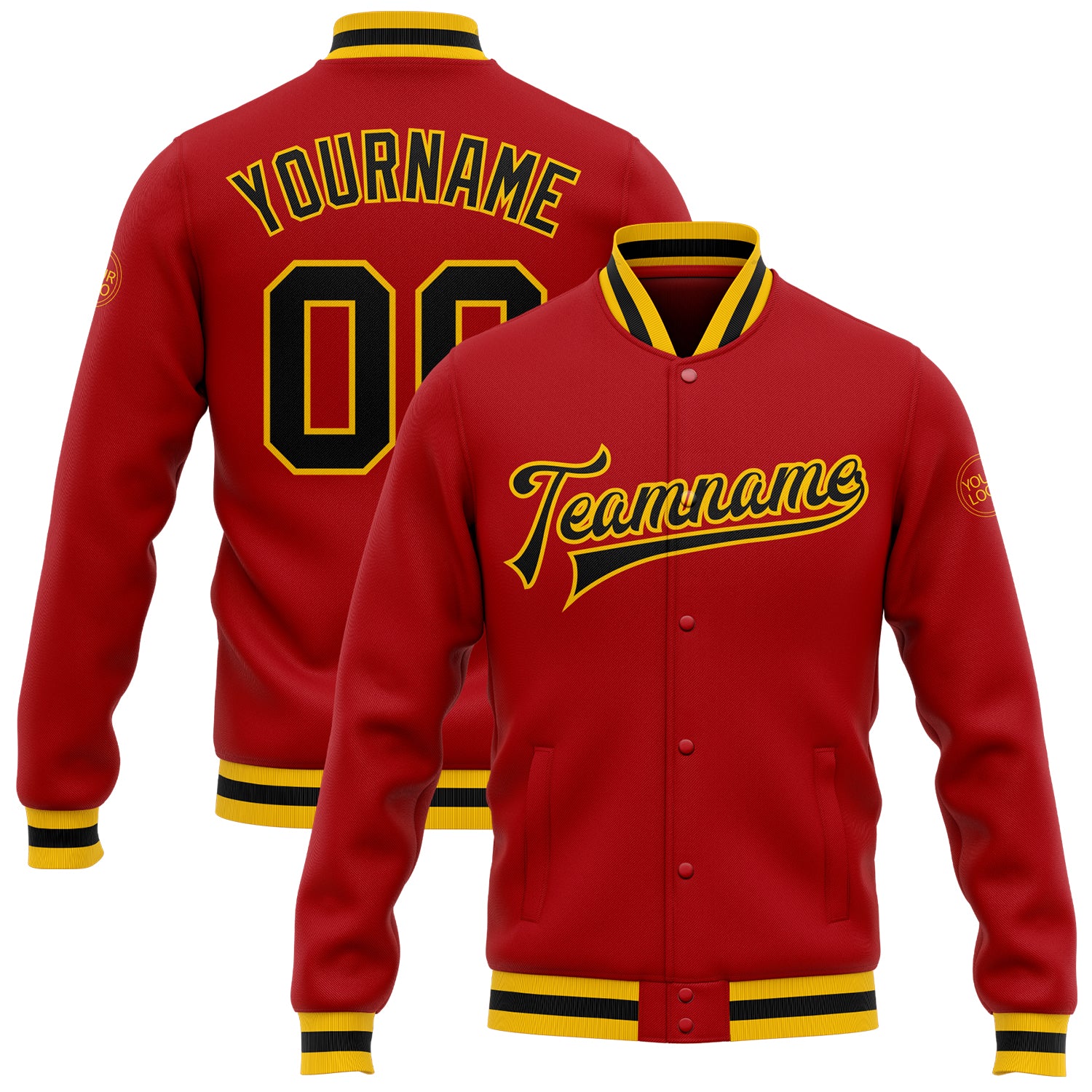 Custom Red Black-Gold Bomber Full-Snap Varsity Letterman Jacket Men's Size:2XL