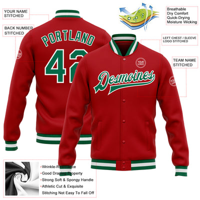 Custom Red Kelly Green-White Bomber Full-Snap Varsity Letterman Jacket