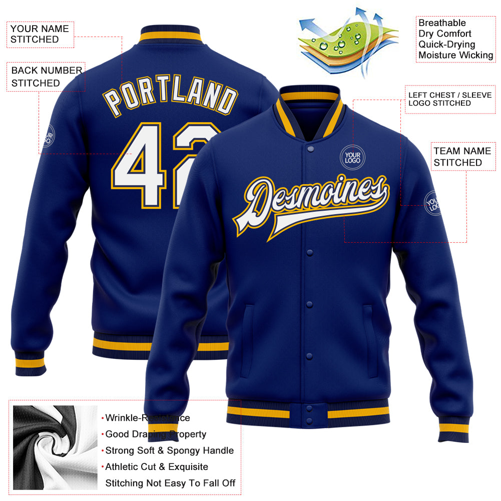 Custom Royal White Navy-Gold Bomber Full-Snap Varsity Letterman Jacket