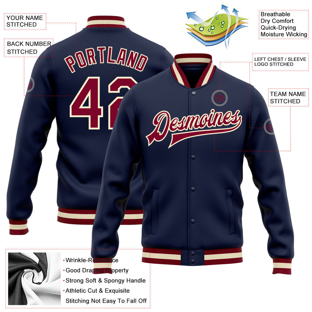 Custom Navy Maroon-Cream Bomber Full-Snap Varsity Letterman Jacket