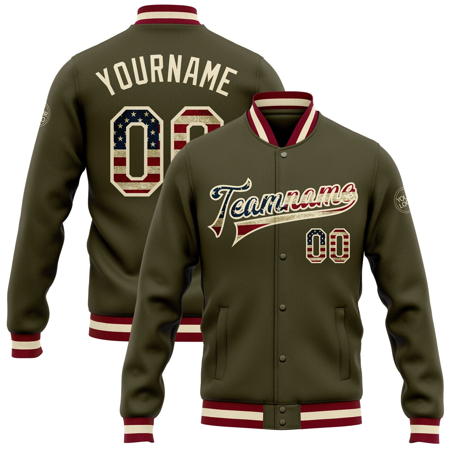 Custom Olive Vintage USA Flag Cream-Maroon Bomber Full-Snap Varsity Letterman Salute To Service Jacket