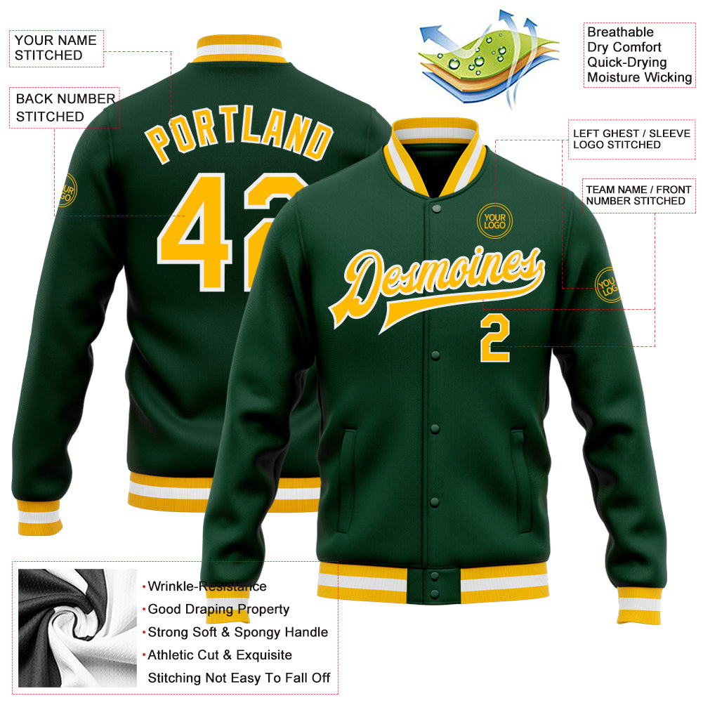 Custom Green Gold-White Bomber Full-Snap Varsity Letterman Jacket