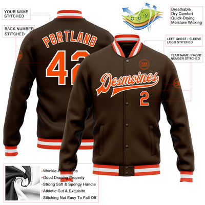 Custom Brown Orange-White Bomber Full-Snap Varsity Letterman Jacket