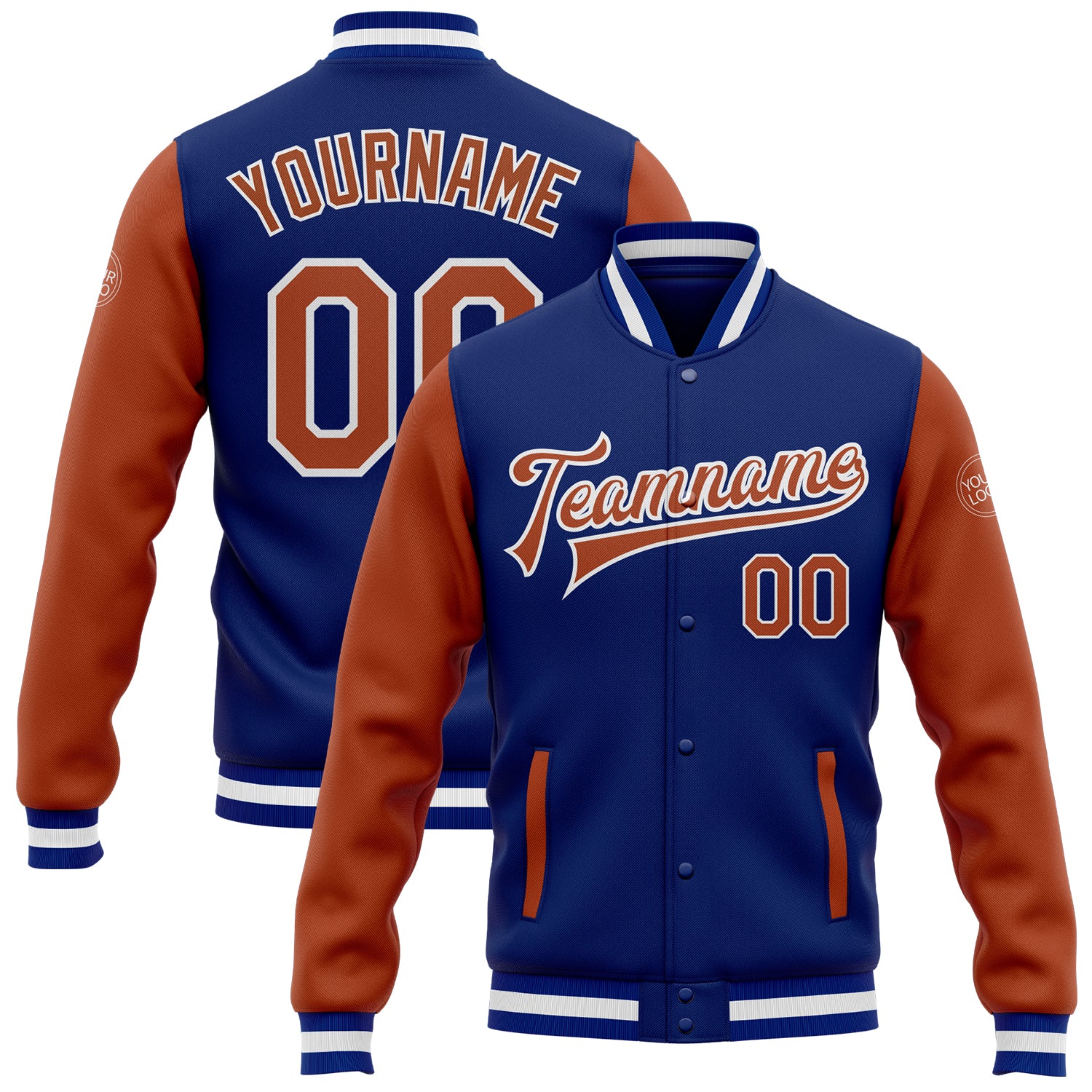 Custom Royal Texas Orange-White Bomber Full-Snap Varsity Letterman Two Tone Jacket