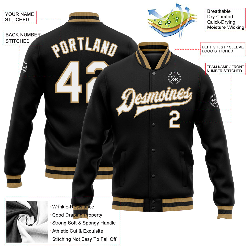 Custom Black White-Old Gold Bomber Full-Snap Varsity Letterman Jacket