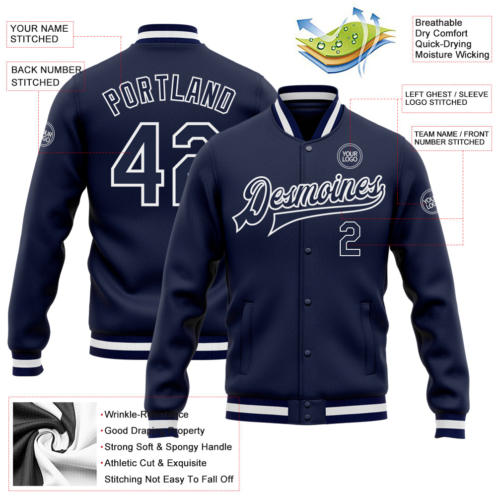 Custom Navy Navy-White Bomber Full-Snap Varsity Letterman Jacket