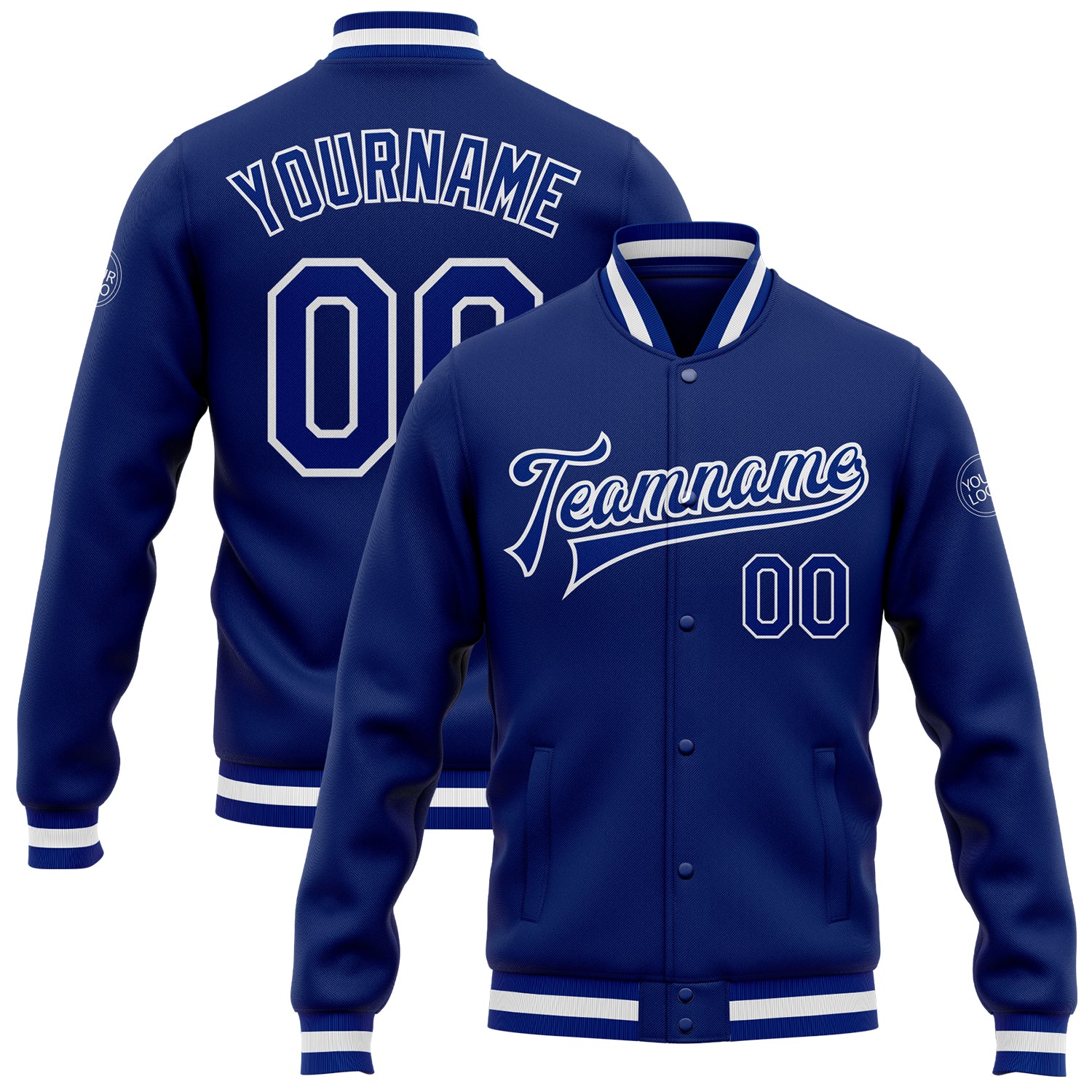 Custom Royal Royal-White Bomber Full-Snap Varsity Letterman Jacket