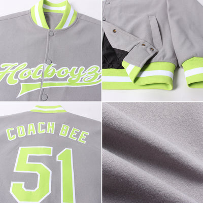 Custom Gray Neon Green-White Bomber Full-Snap Varsity Letterman Jacket