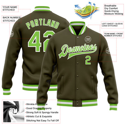 Custom Olive Neon Green-White Bomber Full-Snap Varsity Letterman Salute To Service Jacket