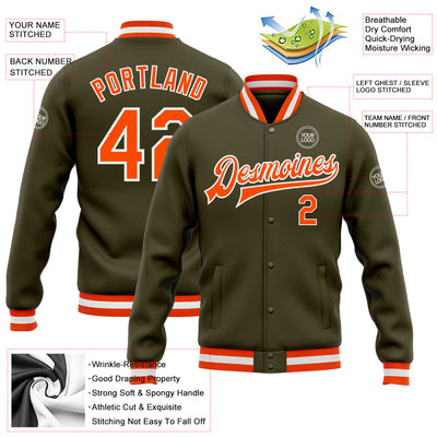 Custom Olive Orange-White Bomber Full-Snap Varsity Letterman Salute To Service Jacket