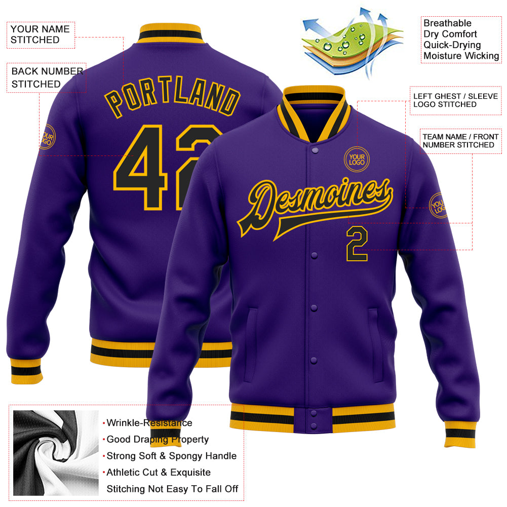 Custom Purple Black-Gold Bomber Full-Snap Varsity Letterman Jacket