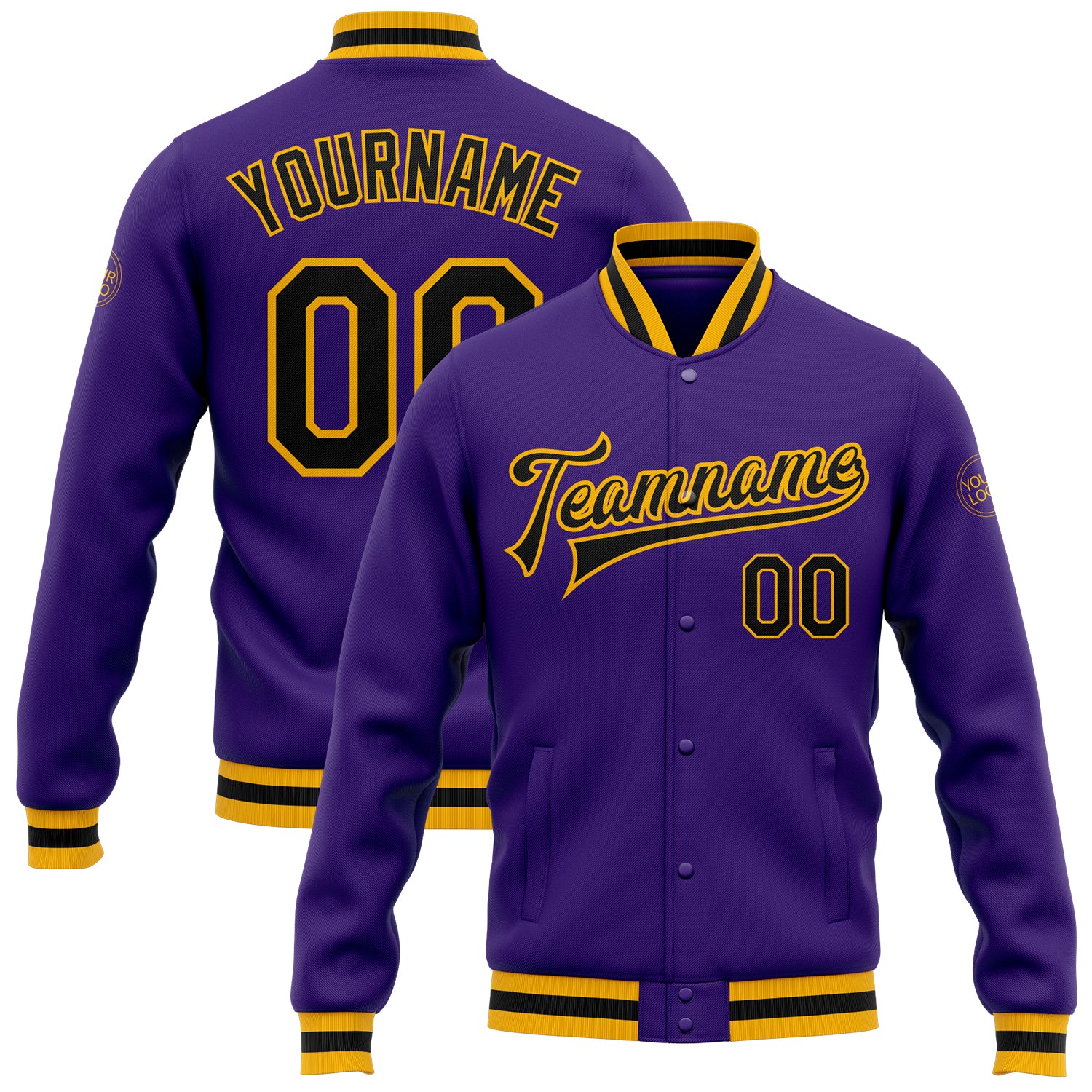 Custom Purple Black-Gold Bomber Full-Snap Varsity Letterman Jacket