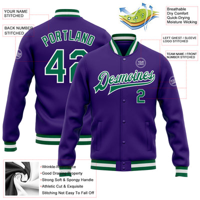 Custom Purple Kelly Green-White Bomber Full-Snap Varsity Letterman Jacket