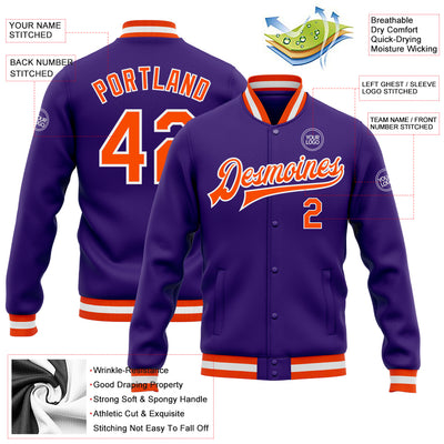 Custom Purple Orange-White Bomber Full-Snap Varsity Letterman Jacket