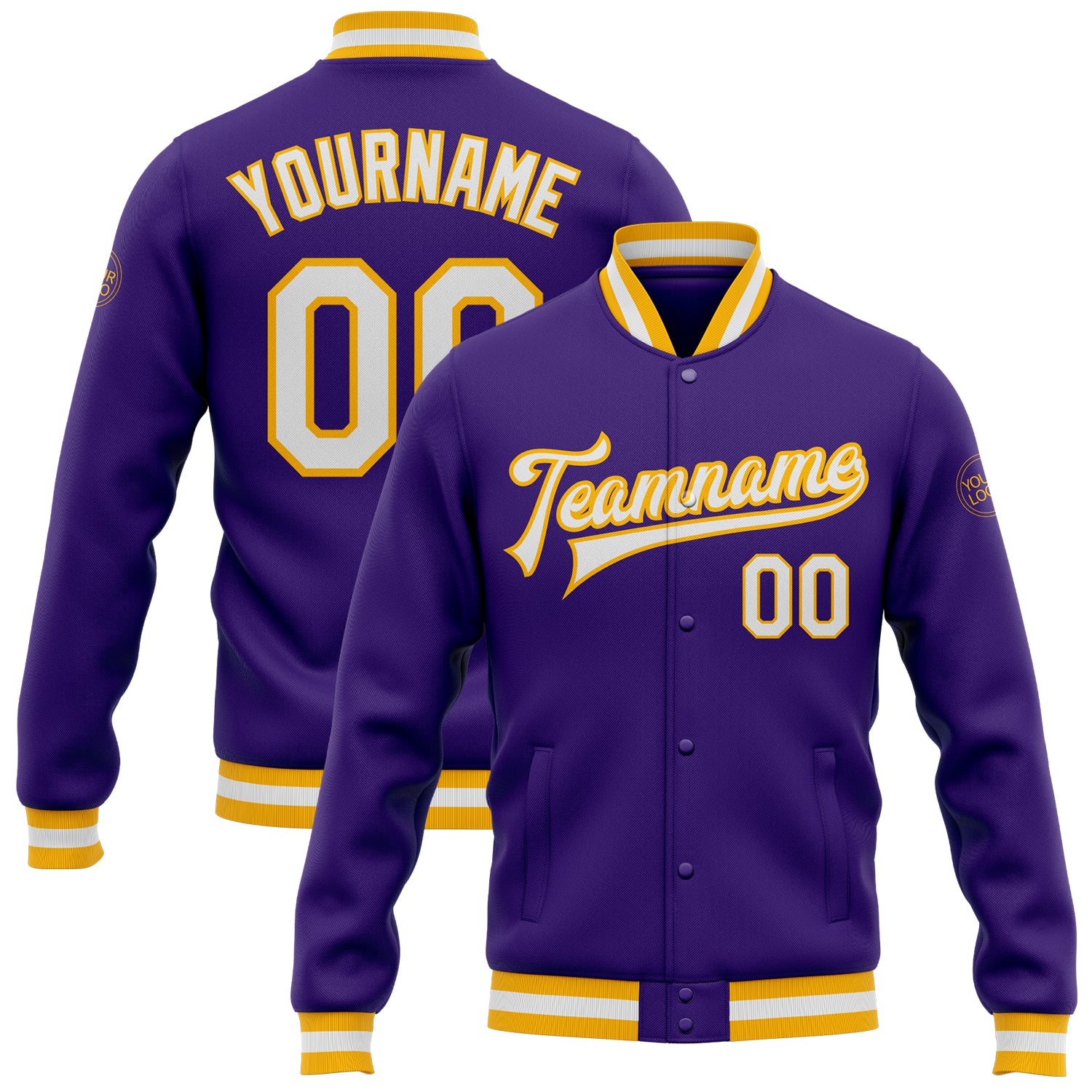 Custom Purple White-Gold Bomber Full-Snap Varsity Letterman Jacket