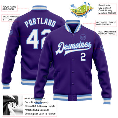 Custom Purple White-Light Blue Bomber Full-Snap Varsity Letterman Jacket