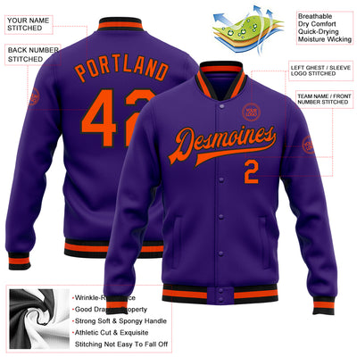 Custom Purple Orange-Black Bomber Full-Snap Varsity Letterman Jacket