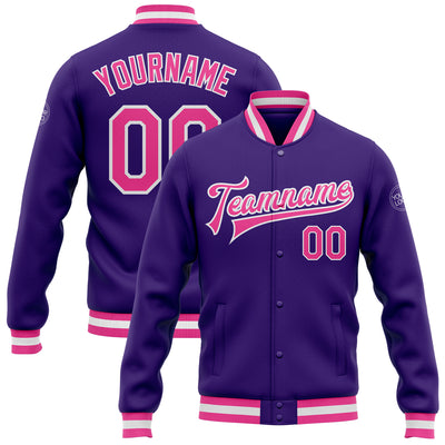 Custom Purple Pink-White Bomber Full-Snap Varsity Letterman Jacket