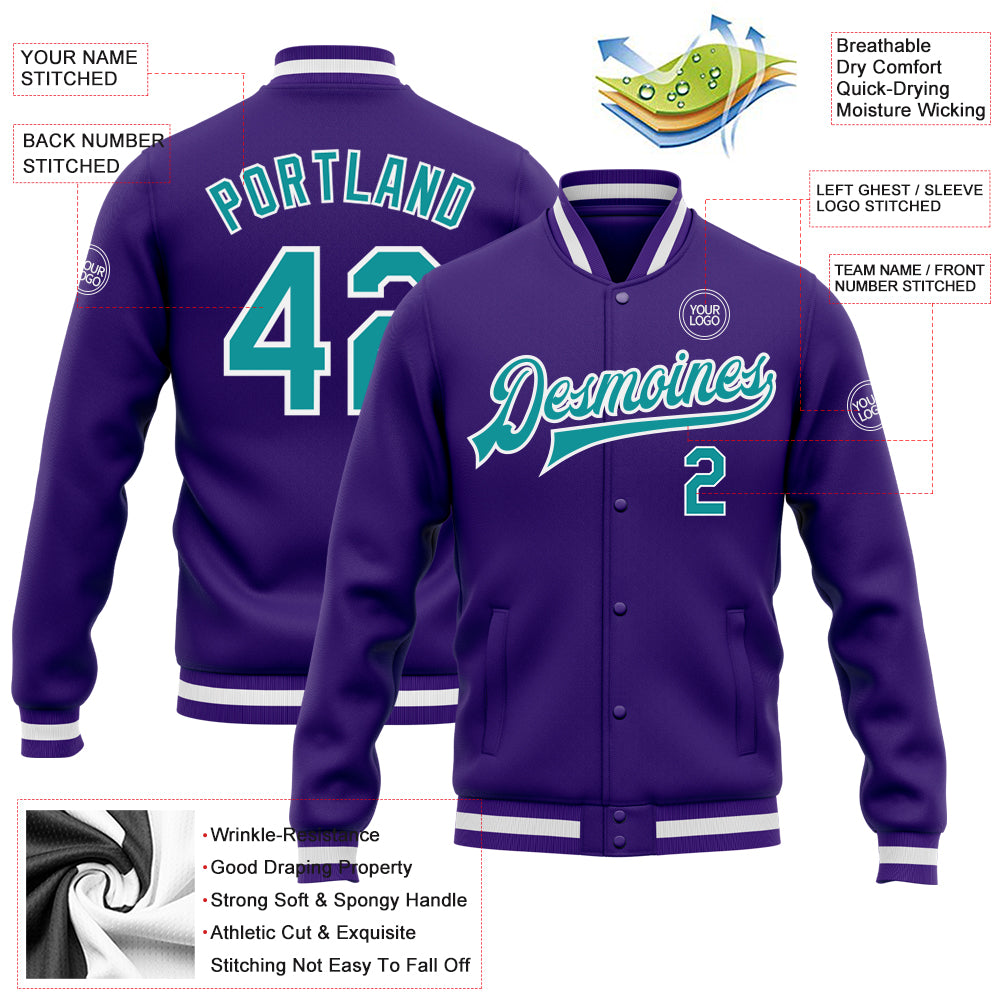 Custom Purple Teal-White Bomber Full-Snap Varsity Letterman Jacket