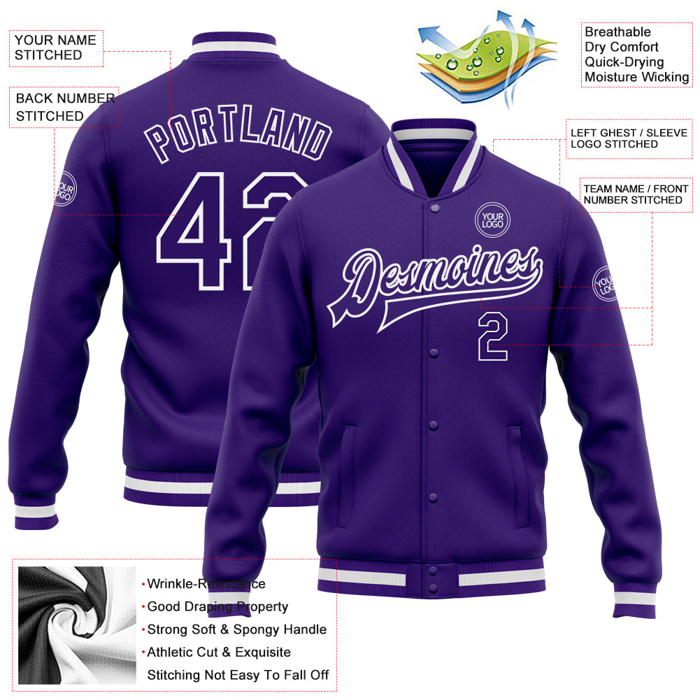 Custom Purple Purple-White Bomber Full-Snap Varsity Letterman Jacket