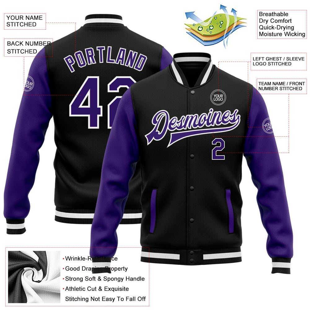 Custom Black Purple-White Bomber Full-Snap Varsity Letterman Two Tone Jacket