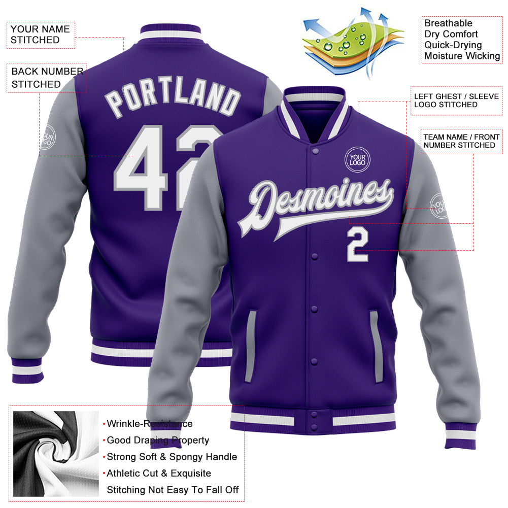 Custom Purple White-Gray Bomber Full-Snap Varsity Letterman Two Tone Jacket