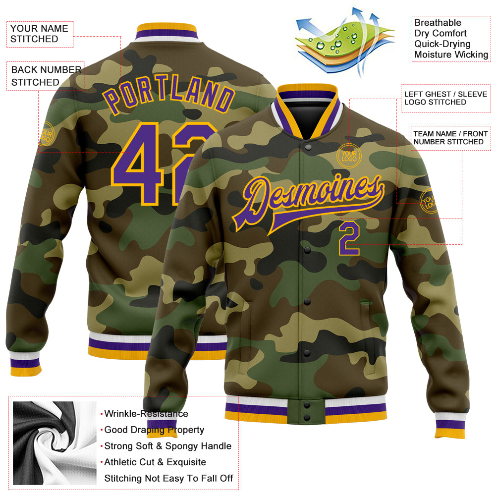 Custom Camo Purple-Gold Bomber Full-Snap Varsity Letterman Salute To Service Jacket